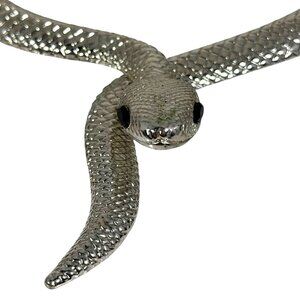 Silver-Tone Snake Cobra Hinged Choker Necklace Black Stone Eyes